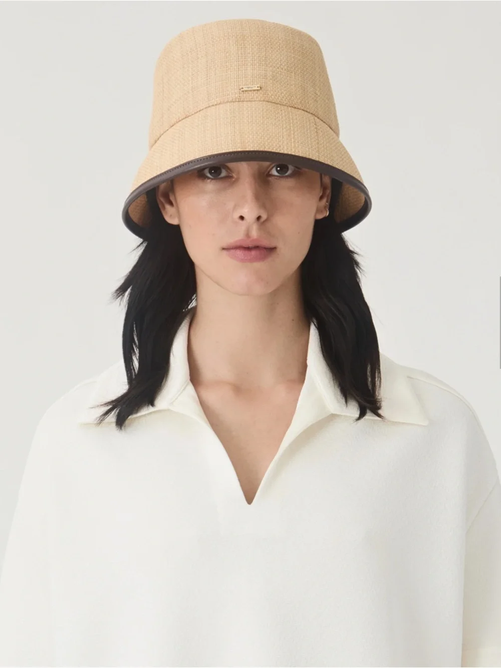 EUGENIA KIM | Natural Raffua Bucket Hat with Vegan Leather Binding at Brim Edge